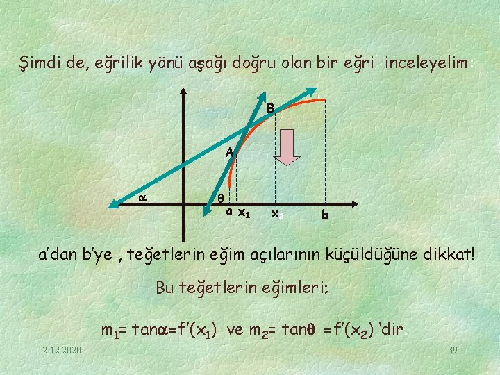 Şimdi de, eğrilik yönü aşağı doğru olan bir eğri inceleyelim: B A a x