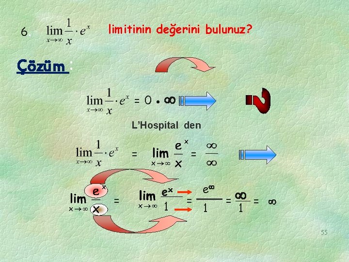 6. limitinin değerini bulunuz? Çözüm : =0 L’Hospital den = = = ex 1