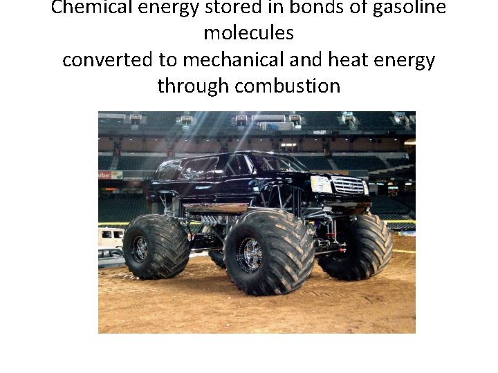 Chemical energy stored in bonds of gasoline molecules converted to mechanical and heat energy