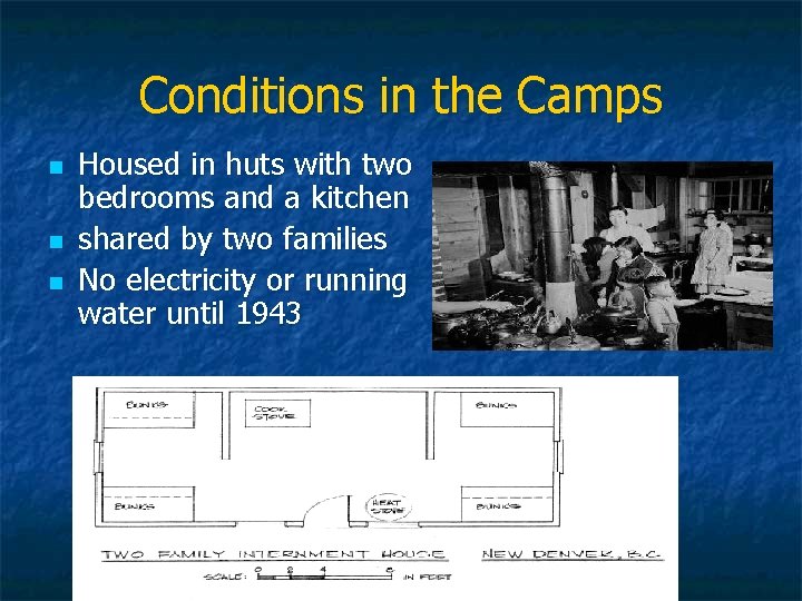 Conditions in the Camps n n n Housed in huts with two bedrooms and