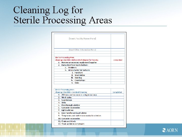 Cleaning Log for Sterile Processing Areas 