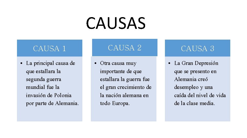 CAUSAS CAUSA 1 CAUSA 2 CAUSA 3 • La principal causa de que estallara