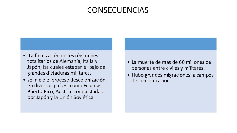 CONSECUENCIAS • La finalización de los régimenes totalitarios de Alemania, Italia y Japón, las