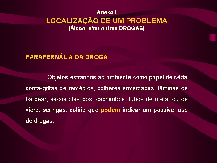 Anexo I LOCALIZAÇÃO DE UM PROBLEMA (Álcool e/ou outras DROGAS) PARAFERNÁLIA DA DROGA Objetos
