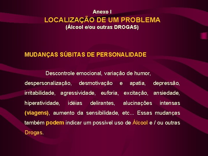 Anexo I LOCALIZAÇÃO DE UM PROBLEMA (Álcool e/ou outras DROGAS) MUDANÇAS SÚBITAS DE PERSONALIDADE