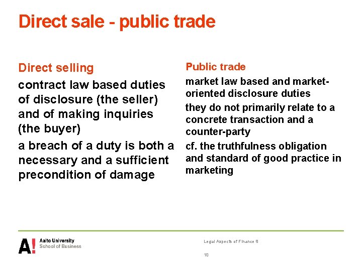 Direct sale - public trade Direct selling contract law based duties of disclosure (the