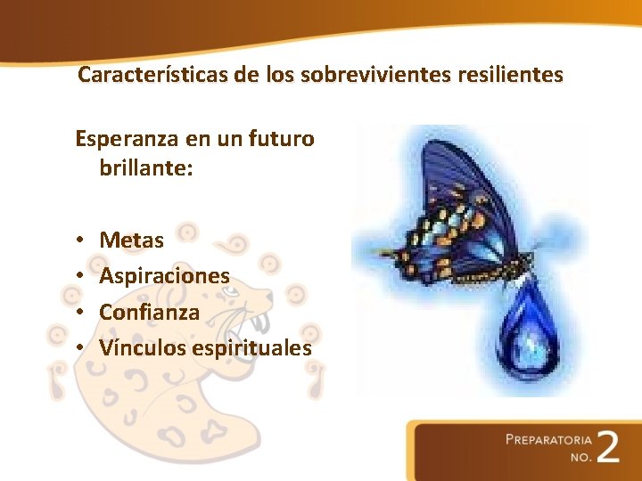 Características de los sobrevivientes resilientes Esperanza en un futuro brillante: • • Metas Aspiraciones