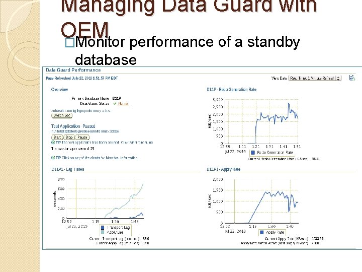 Managing Data Guard with OEM �Monitor performance of a standby database 