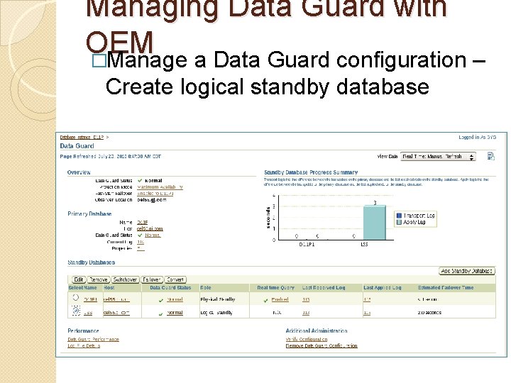 Managing Data Guard with OEM �Manage a Data Guard configuration – Create logical standby