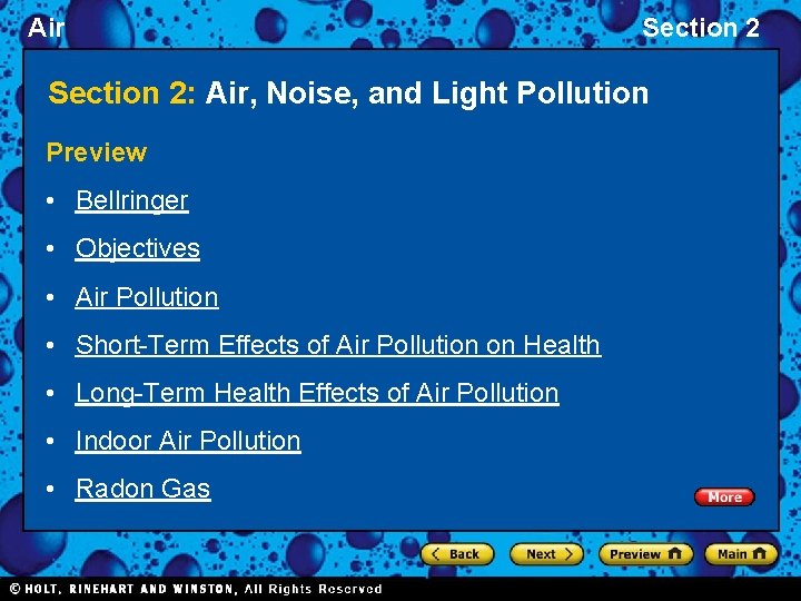 Air Section 2: Air, Noise, and Light Pollution Preview • Bellringer • Objectives •