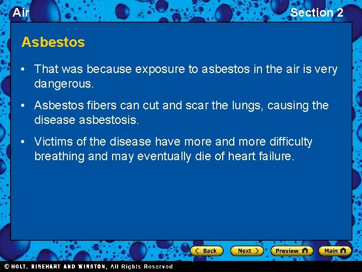 Air Section 2 Asbestos • That was because exposure to asbestos in the air