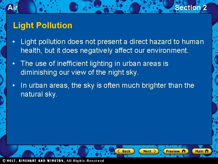 Air Section 2 Light Pollution • Light pollution does not present a direct hazard