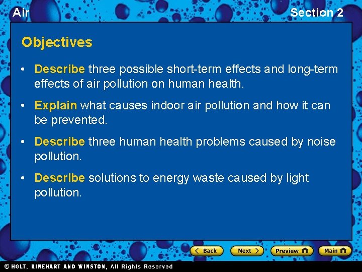 Air Section 2 Objectives • Describe three possible short-term effects and long-term effects of