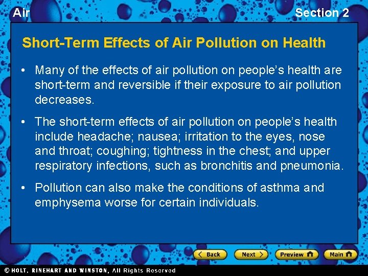 Air Section 2 Short-Term Effects of Air Pollution on Health • Many of the