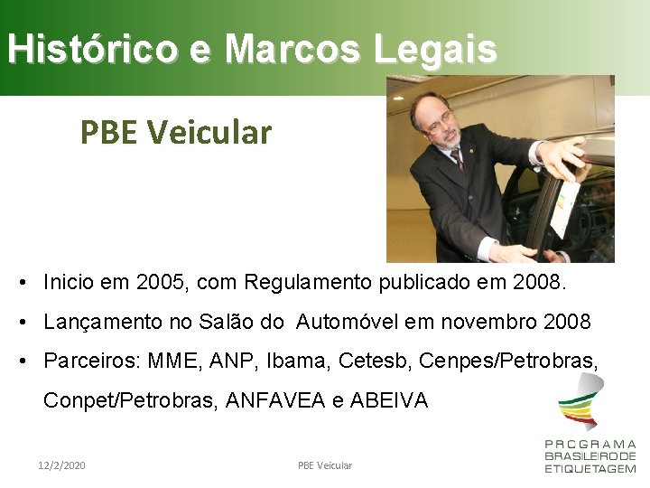 Histórico e Marcos Legais PBE Veicular • Inicio em 2005, com Regulamento publicado em