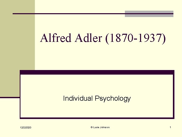 Alfred Adler (1870 -1937) Individual Psychology 12/2/2020 © Lucie Johnson 1 