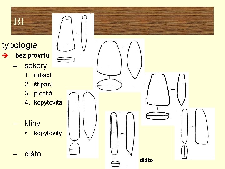 BI typologie è bez provrtu – sekery 1. 2. 3. 4. rubací štípací plochá BI typologie è bez provrtu – sekery 1. 2. 3. 4. rubací štípací plochá