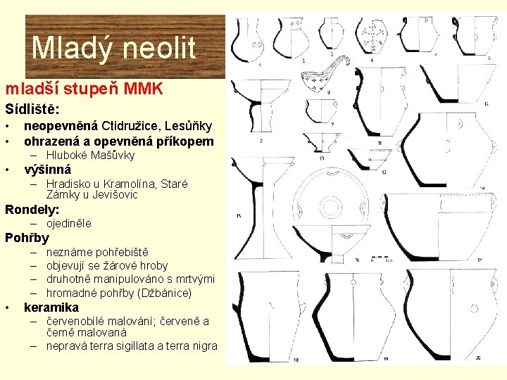 Mladý neolit mladší stupeň MMK Sídliště: • • neopevněná Ctidružice, Lesůňky ohrazená a opevněná Mladý neolit mladší stupeň MMK Sídliště: • • neopevněná Ctidružice, Lesůňky ohrazená a opevněná