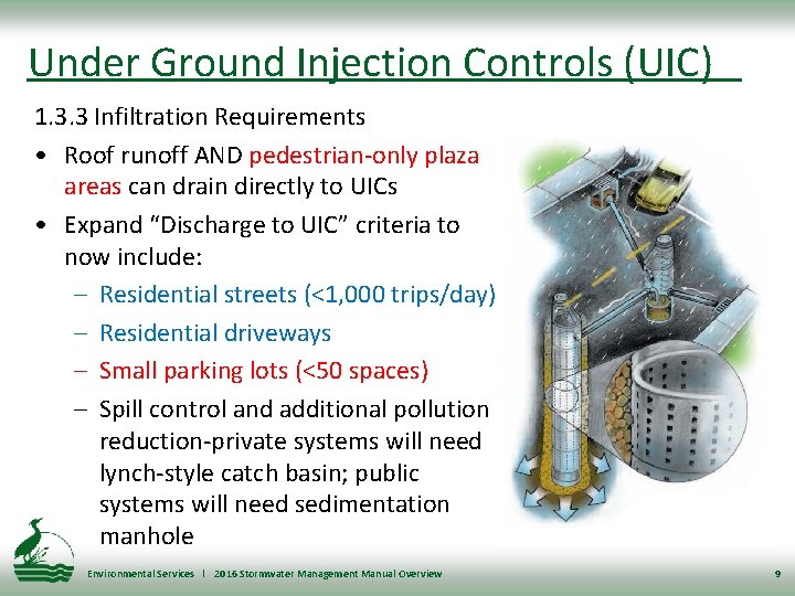 Under Ground Injection Controls (UIC) 1. 3. 3 Infiltration Requirements • Roof runoff AND