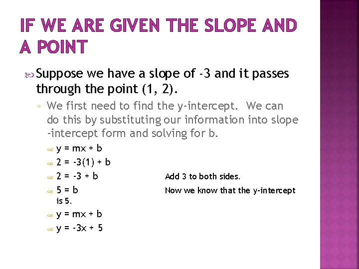 IF WE ARE GIVEN THE SLOPE AND A POINT Suppose we have a slope IF WE ARE GIVEN THE SLOPE AND A POINT Suppose we have a slope