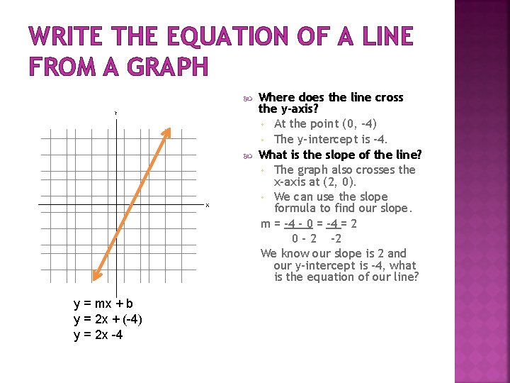 WRITE THE EQUATION OF A LINE FROM A GRAPH y = mx + b WRITE THE EQUATION OF A LINE FROM A GRAPH y = mx + b