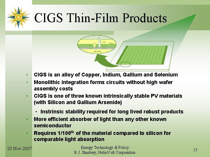 CIGS Thin-Film Products • • • 20 Nov 2007 CIGS is an alloy of
