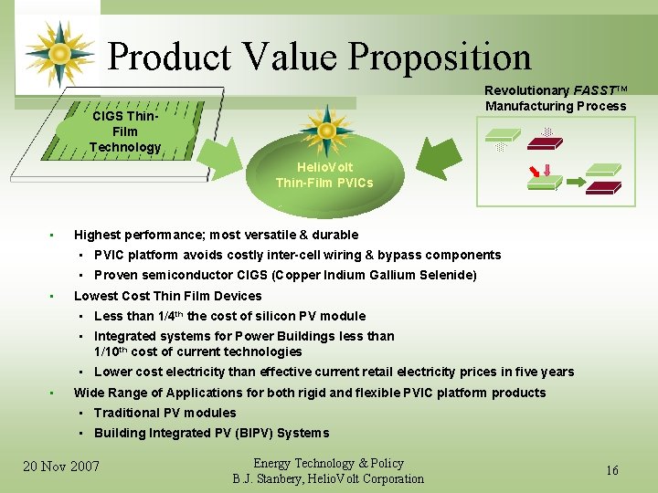 Product Value Proposition Revolutionary FASSTTM Manufacturing Process CIGS Thin. Film Technology Helio. Volt Thin-Film