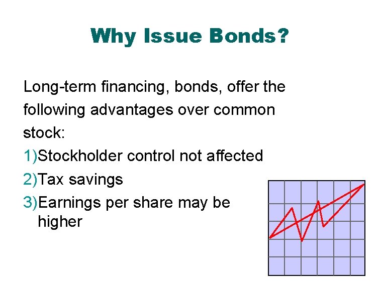 Why Issue Bonds? Long-term financing, bonds, offer the following advantages over common stock: 1)Stockholder