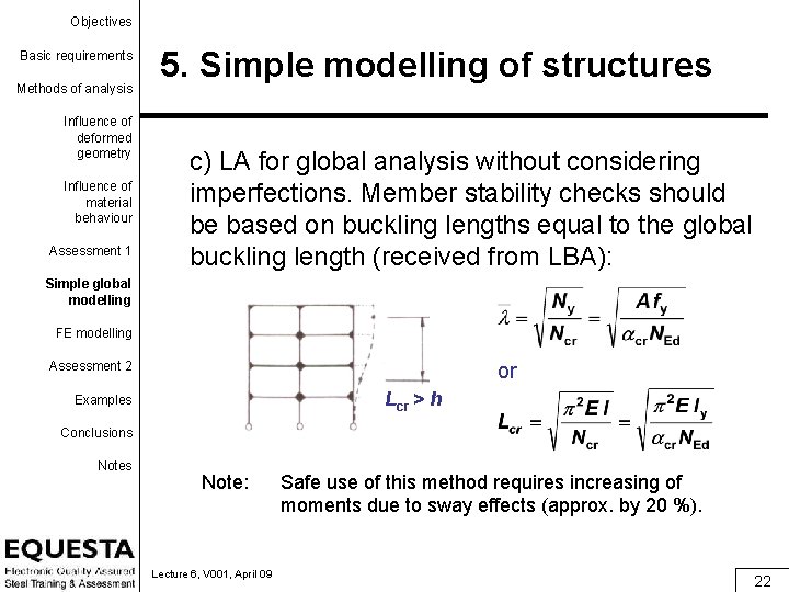 Objectives Basic requirements Methods of analysis Influence of deformed geometry Influence of material behaviour