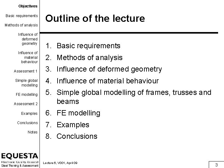 Objectives Basic requirements Methods of analysis Influence of deformed geometry Influence of material behaviour