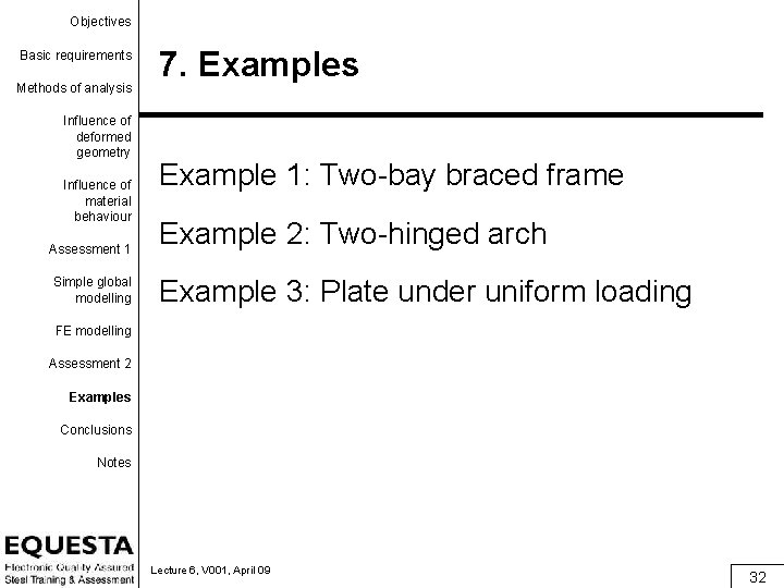 Objectives Basic requirements Methods of analysis Influence of deformed geometry Influence of material behaviour