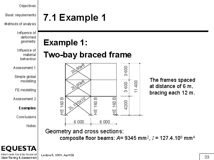 Objectives Influence of material behaviour Example 1: Two-bay braced frame x 8 0 L