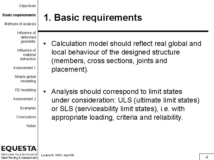 Objectives Basic requirements Methods of analysis Influence of deformed geometry Influence of material behaviour