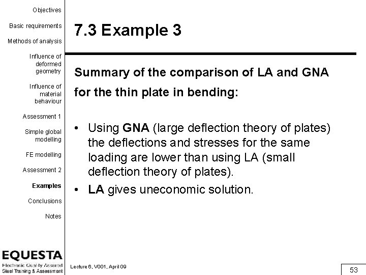 Objectives Basic requirements Methods of analysis Influence of deformed geometry Influence of material behaviour