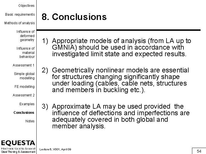 Objectives Basic requirements Methods of analysis Influence of deformed geometry Influence of material behaviour