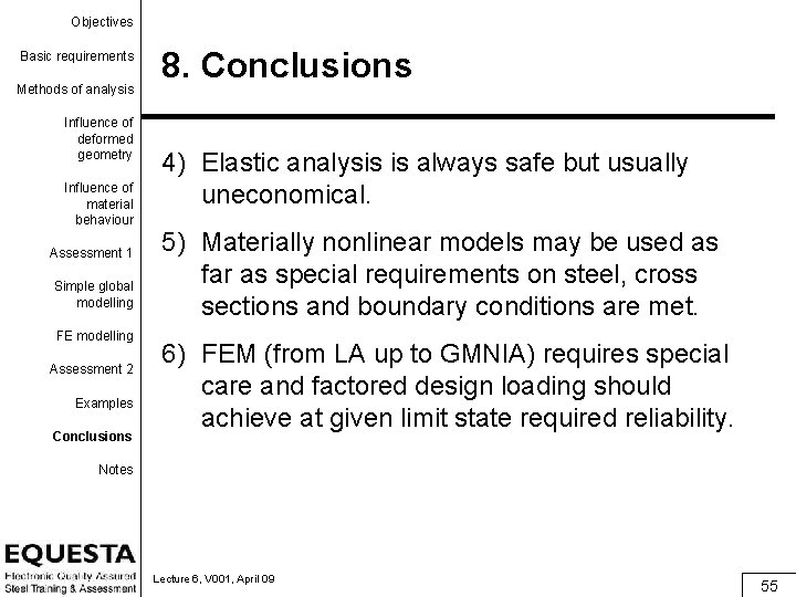 Objectives Basic requirements Methods of analysis Influence of deformed geometry Influence of material behaviour