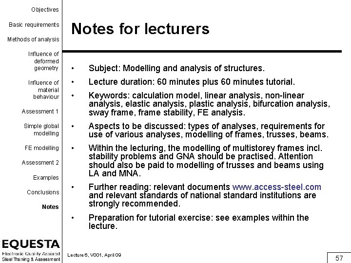 Objectives Basic requirements Methods of analysis Influence of deformed geometry Notes for lecturers •