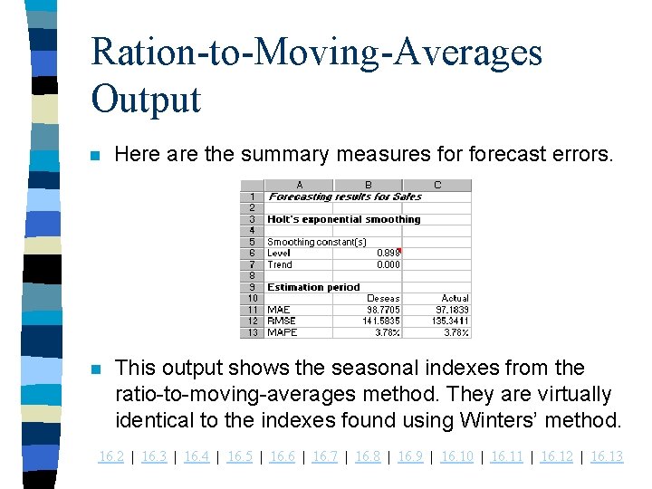Ration-to-Moving-Averages Output n Here are the summary measures forecast errors. n This output shows