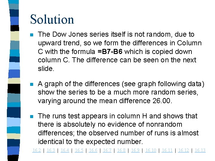 Solution n The Dow Jones series itself is not random, due to upward trend,