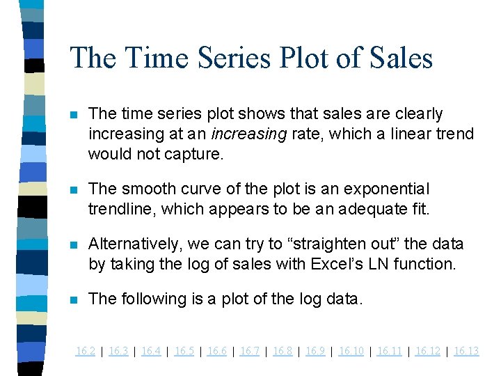 The Time Series Plot of Sales n The time series plot shows that sales