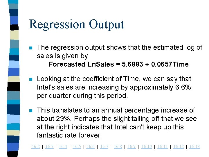 Regression Output n The regression output shows that the estimated log of sales is