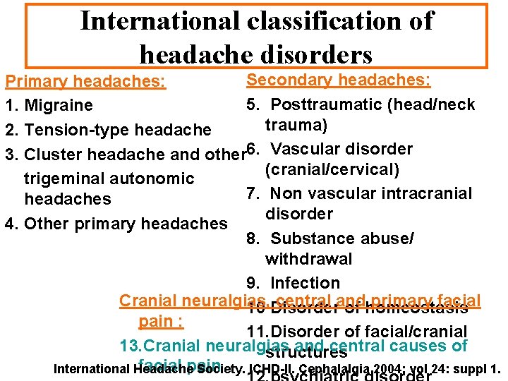 International classification of headache disorders Secondary headaches: Primary headaches: 5. Posttraumatic (head/neck 1. Migraine