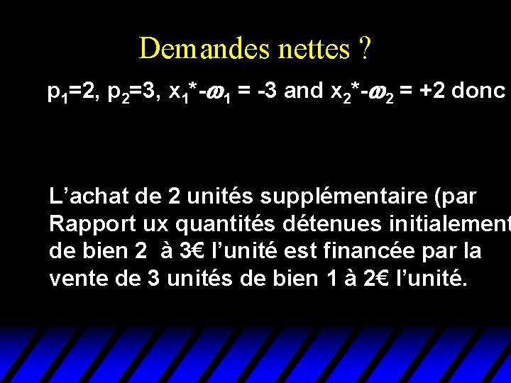 Demandes nettes ? p 1=2, p 2=3, x 1*-w 1 = -3 and x