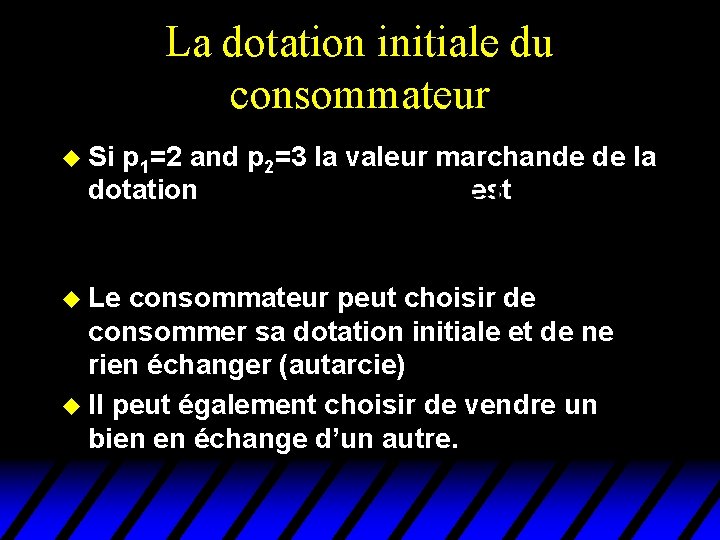 La dotation initiale du consommateur u Si p 1=2 and p 2=3 la valeur