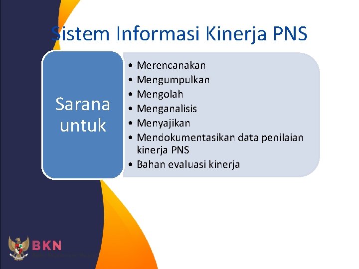 Sistem Informasi Kinerja PNS Sarana untuk • Merencanakan • Mengumpulkan • Mengolah • Menganalisis