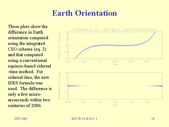 Earth Orientation These plots show the difference in Earth orientation computed using the integrated Earth Orientation These plots show the difference in Earth orientation computed using the integrated