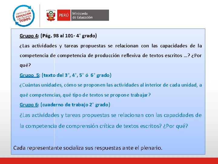 Grupo 4: (Pág. 98 al 101 - 4° grado) ¿Las actividades y tareas propuestas