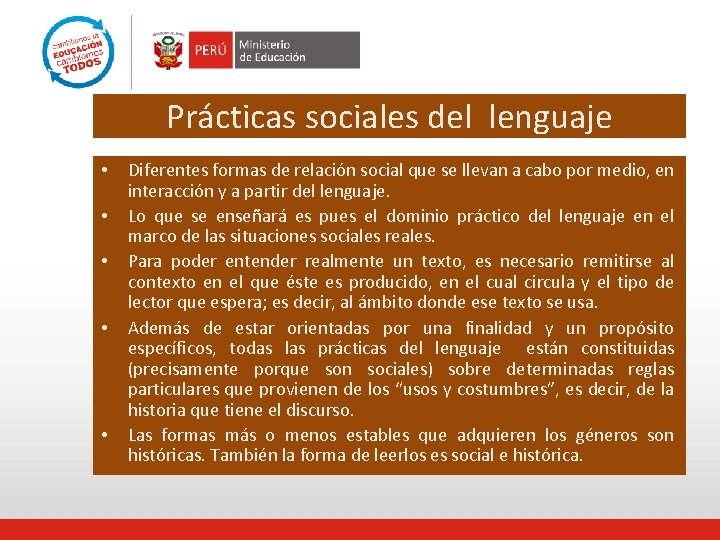 Prácticas sociales del lenguaje • • • Diferentes formas de relación social que se