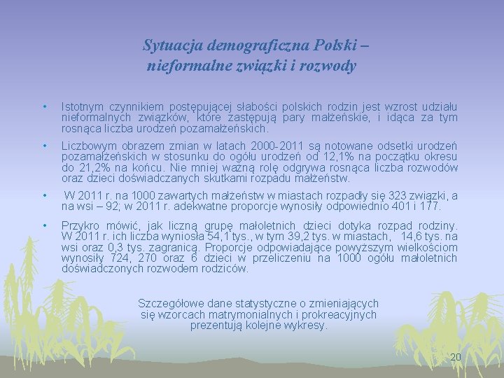 Sytuacja demograficzna Polski – nieformalne związki i rozwody • Istotnym czynnikiem postępującej słabości polskich