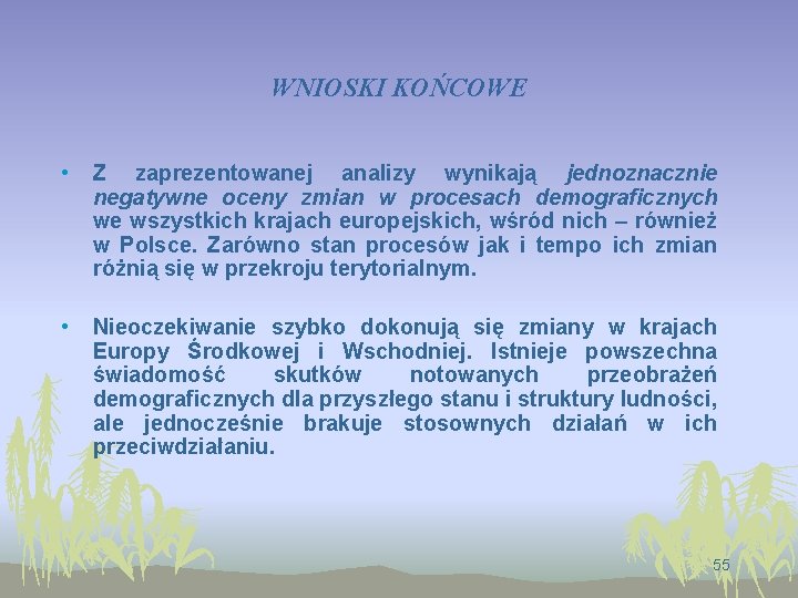 WNIOSKI KOŃCOWE • Z zaprezentowanej analizy wynikają jednoznacznie negatywne oceny zmian w procesach demograficznych